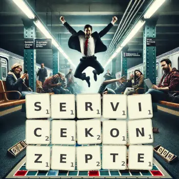 Kreative Illustration für ein Scrabble-Spiel, bei dem das Wort SERVICEKONZEPTE mit Steinen auf dem Brett gelegt wurde.