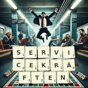 Kreative Illustration für ein Scrabble-Spiel, bei dem das Wort SERVICEKRÄFTEN mit Steinen auf dem Brett gelegt wurde.