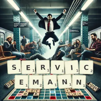 Kreative Illustration für ein Scrabble-Spiel, bei dem das Wort SERVICEMANN mit Steinen auf dem Brett gelegt wurde.