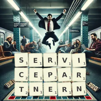 Kreative Illustration für ein Scrabble-Spiel, bei dem das Wort SERVICEPARTNERN mit Steinen auf dem Brett gelegt wurde.