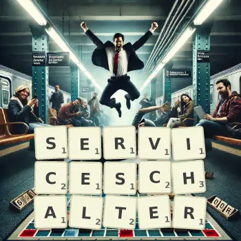 Kreative Illustration für ein Scrabble-Spiel, bei dem das Wort SERVICESCHALTER mit Steinen auf dem Brett gelegt wurde.
