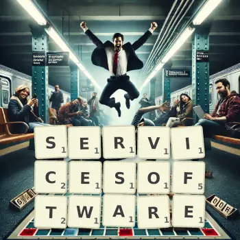 Kreative Illustration für ein Scrabble-Spiel, bei dem das Wort SERVICESOFTWARE mit Steinen auf dem Brett gelegt wurde.