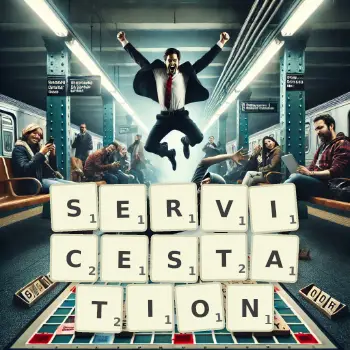 Kreative Illustration für ein Scrabble-Spiel, bei dem das Wort SERVICESTATION mit Steinen auf dem Brett gelegt wurde.