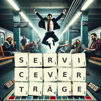 Kreative Illustration für ein Scrabble-Spiel, bei dem das Wort SERVICEVERTRÄGE mit Steinen auf dem Brett gelegt wurde.