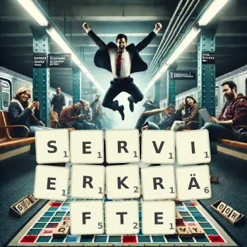 Kreative Illustration für ein Scrabble-Spiel, bei dem das Wort SERVIERKRÄFTE mit Steinen auf dem Brett gelegt wurde.