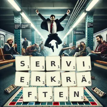 Kreative Illustration für ein Scrabble-Spiel, bei dem das Wort SERVIERKRÄFTEN mit Steinen auf dem Brett gelegt wurde.