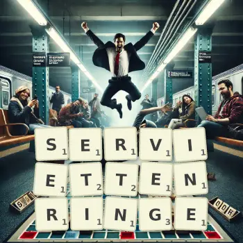 Kreative Illustration für ein Scrabble-Spiel, bei dem das Wort SERVIETTENRINGE mit Steinen auf dem Brett gelegt wurde.