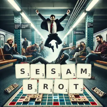 Kreative Illustration für ein Scrabble-Spiel, bei dem das Wort SESAMBROT mit Steinen auf dem Brett gelegt wurde.