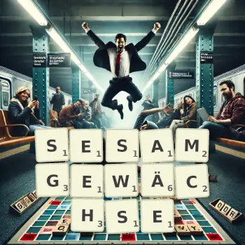 Kreative Illustration für ein Scrabble-Spiel, bei dem das Wort SESAMGEWÄCHSE mit Steinen auf dem Brett gelegt wurde.