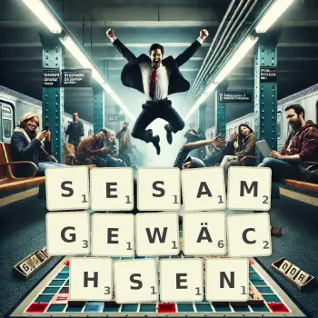 Kreative Illustration für ein Scrabble-Spiel, bei dem das Wort SESAMGEWÄCHSEN mit Steinen auf dem Brett gelegt wurde.
