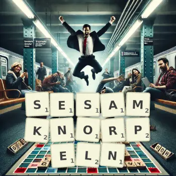 Kreative Illustration für ein Scrabble-Spiel, bei dem das Wort SESAMKNORPELN mit Steinen auf dem Brett gelegt wurde.