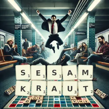 Kreative Illustration für ein Scrabble-Spiel, bei dem das Wort SESAMKRAUT mit Steinen auf dem Brett gelegt wurde.