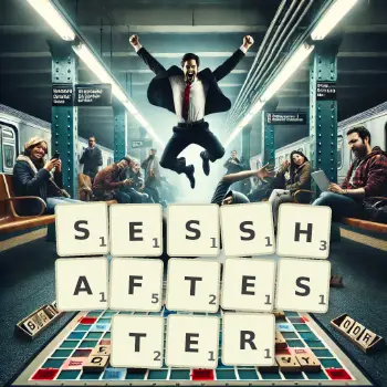 Kreative Illustration für ein Scrabble-Spiel, bei dem das Wort SESSHAFTESTER mit Steinen auf dem Brett gelegt wurde.