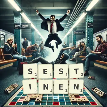 Kreative Illustration für ein Scrabble-Spiel, bei dem das Wort SESTINEN mit Steinen auf dem Brett gelegt wurde.