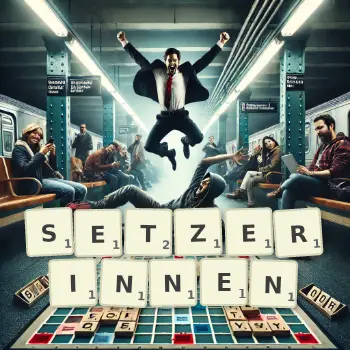 Kreative Illustration für ein Scrabble-Spiel, bei dem das Wort SETZERINNEN mit Steinen auf dem Brett gelegt wurde.