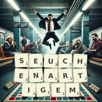 Kreative Illustration für ein Scrabble-Spiel, bei dem das Wort SEUCHENARTIGEM mit Steinen auf dem Brett gelegt wurde.