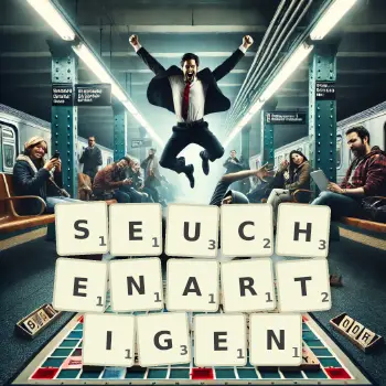 Kreative Illustration für ein Scrabble-Spiel, bei dem das Wort SEUCHENARTIGEN mit Steinen auf dem Brett gelegt wurde.