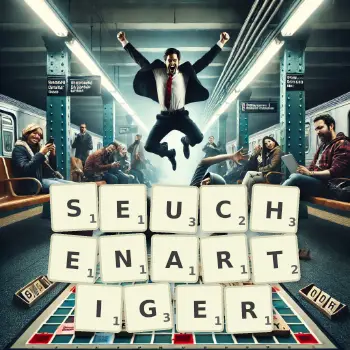 Kreative Illustration für ein Scrabble-Spiel, bei dem das Wort SEUCHENARTIGER mit Steinen auf dem Brett gelegt wurde.