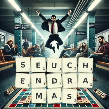 Kreative Illustration für ein Scrabble-Spiel, bei dem das Wort SEUCHENDRAMAS mit Steinen auf dem Brett gelegt wurde.