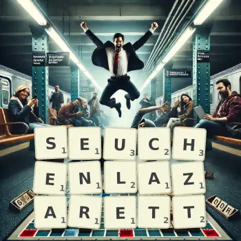 Kreative Illustration für ein Scrabble-Spiel, bei dem das Wort SEUCHENLAZARETT mit Steinen auf dem Brett gelegt wurde.