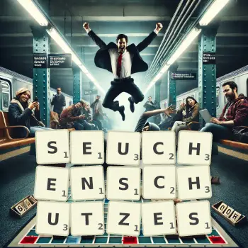 Kreative Illustration für ein Scrabble-Spiel, bei dem das Wort SEUCHENSCHUTZES mit Steinen auf dem Brett gelegt wurde.