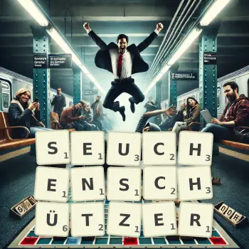 Kreative Illustration für ein Scrabble-Spiel, bei dem das Wort SEUCHENSCHÜTZER mit Steinen auf dem Brett gelegt wurde.