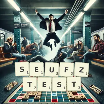 Kreative Illustration für ein Scrabble-Spiel, bei dem das Wort SEUFZTEST mit Steinen auf dem Brett gelegt wurde.