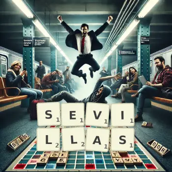 Kreative Illustration für ein Scrabble-Spiel, bei dem das Wort SEVILLAS mit Steinen auf dem Brett gelegt wurde.