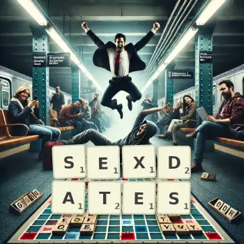 Kreative Illustration für ein Scrabble-Spiel, bei dem das Wort SEXDATES mit Steinen auf dem Brett gelegt wurde.