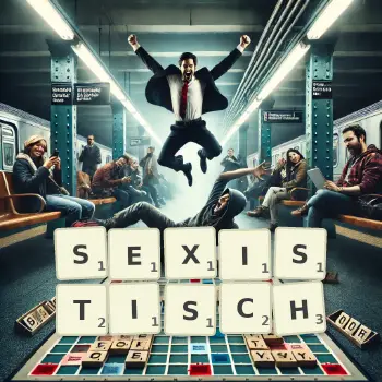 Kreative Illustration für ein Scrabble-Spiel, bei dem das Wort SEXISTISCH mit Steinen auf dem Brett gelegt wurde.
