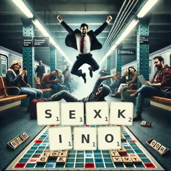 Kreative Illustration für ein Scrabble-Spiel, bei dem das Wort SEXKINO mit Steinen auf dem Brett gelegt wurde.