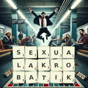 Kreative Illustration für ein Scrabble-Spiel, bei dem das Wort SEXUALAKROBATIK mit Steinen auf dem Brett gelegt wurde.