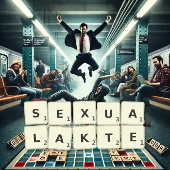 Kreative Illustration für ein Scrabble-Spiel, bei dem das Wort SEXUALAKTE mit Steinen auf dem Brett gelegt wurde.