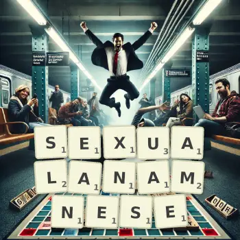 Kreative Illustration für ein Scrabble-Spiel, bei dem das Wort SEXUALANAMNESE mit Steinen auf dem Brett gelegt wurde.