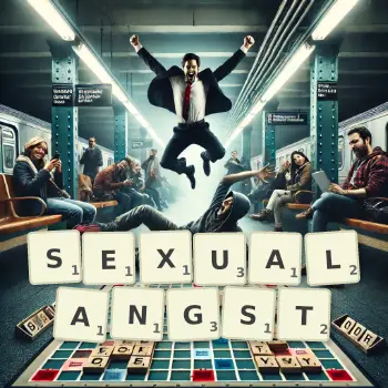 Kreative Illustration für ein Scrabble-Spiel, bei dem das Wort SEXUALANGST mit Steinen auf dem Brett gelegt wurde.