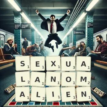 Kreative Illustration für ein Scrabble-Spiel, bei dem das Wort SEXUALANOMALIEN mit Steinen auf dem Brett gelegt wurde.