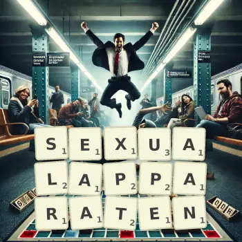 Kreative Illustration für ein Scrabble-Spiel, bei dem das Wort SEXUALAPPARATEN mit Steinen auf dem Brett gelegt wurde.