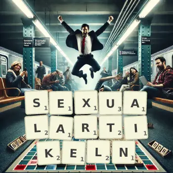Kreative Illustration für ein Scrabble-Spiel, bei dem das Wort SEXUALARTIKELN mit Steinen auf dem Brett gelegt wurde.
