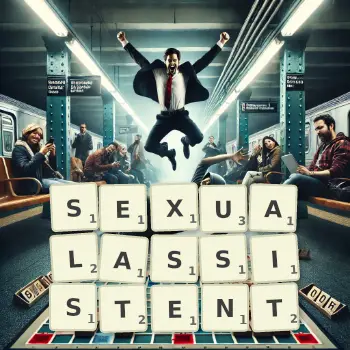 Kreative Illustration für ein Scrabble-Spiel, bei dem das Wort SEXUALASSISTENT mit Steinen auf dem Brett gelegt wurde.