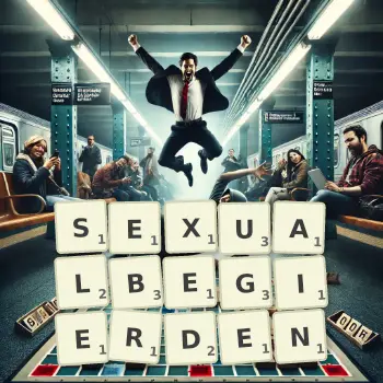 Kreative Illustration für ein Scrabble-Spiel, bei dem das Wort SEXUALBEGIERDEN mit Steinen auf dem Brett gelegt wurde.