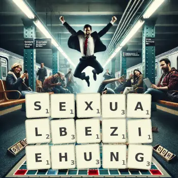 Kreative Illustration für ein Scrabble-Spiel, bei dem das Wort SEXUALBEZIEHUNG mit Steinen auf dem Brett gelegt wurde.