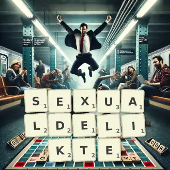 Kreative Illustration für ein Scrabble-Spiel, bei dem das Wort SEXUALDELIKTE mit Steinen auf dem Brett gelegt wurde.