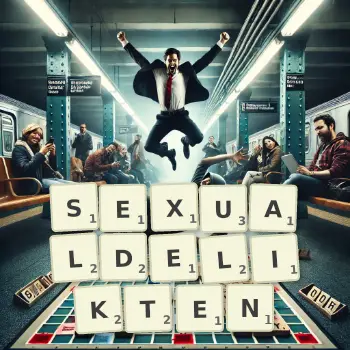 Kreative Illustration für ein Scrabble-Spiel, bei dem das Wort SEXUALDELIKTEN mit Steinen auf dem Brett gelegt wurde.
