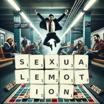 Kreative Illustration für ein Scrabble-Spiel, bei dem das Wort SEXUALEMOTION mit Steinen auf dem Brett gelegt wurde.