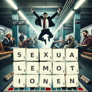 Kreative Illustration für ein Scrabble-Spiel, bei dem das Wort SEXUALEMOTIONEN mit Steinen auf dem Brett gelegt wurde.