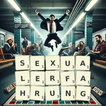 Kreative Illustration für ein Scrabble-Spiel, bei dem das Wort SEXUALERFAHRUNG mit Steinen auf dem Brett gelegt wurde.