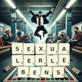 Kreative Illustration für ein Scrabble-Spiel, bei dem das Wort SEXUALERLEBENS mit Steinen auf dem Brett gelegt wurde.