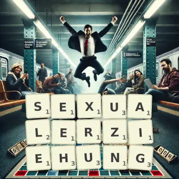 Kreative Illustration für ein Scrabble-Spiel, bei dem das Wort SEXUALERZIEHUNG mit Steinen auf dem Brett gelegt wurde.
