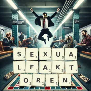 Kreative Illustration für ein Scrabble-Spiel, bei dem das Wort SEXUALFAKTOREN mit Steinen auf dem Brett gelegt wurde.