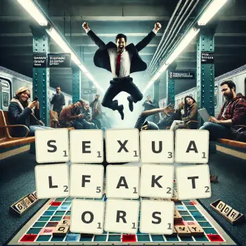 Kreative Illustration für ein Scrabble-Spiel, bei dem das Wort SEXUALFAKTORS mit Steinen auf dem Brett gelegt wurde.